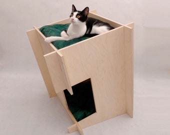 Schuine toren met krabpaal, Kattenmeubilair, Kattenhuis, Kattenliefhebber cadeau, katzenbett, huisdiermeubilair, kattenkussen