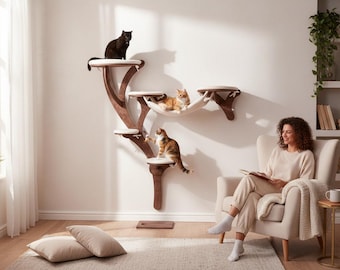 Wall Mounted Cat Tree: Plywood Shelves, Hammock, Modern Cat Playground