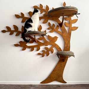 May include: A wooden cat tree shaped like a tree, featuring leaves and three platforms. A black and white cat is perched on the top platform. The tree is mounted on a white wall. The platforms have a grey, textured surface.