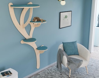 Árbol rascador de madera contrachapada con cojines: Muebles modernos para gatos que se montan en la pared.