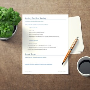 May include: A printable worksheet titled "Anxiety Problem Solving" with a list of questions to help identify and manage anxiety. The worksheet includes sections for present thoughts, future thoughts, and action steps.
