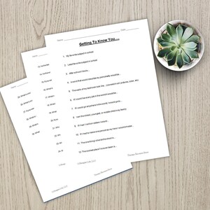 May include: A printable worksheet titled "Getting To Know You..." with questions to help people get to know each other better. The questions include "My favorite subject in school", "After school I like to...", "A word that would describe my personality would be...", "If I could have any job in the world I would be...", "If I could go anywhere in the world I would go...", "I am the oldest, youngest, or middle child in my family", "If I had 1 million dollars to donate, I would...", "If I had to name one person who's my hero I would choose...", "The strongest character trait I have is...", and "The coolest place I've ever been is..."