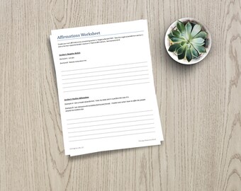 Counseling, Therapy: Affirmations Worksheet, positive affirmation, self talk, self care, self help, mental health, self esteem