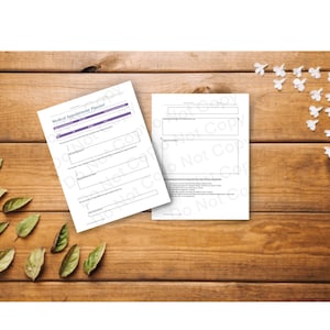 May include: Two white sheets of paper with text, one labeled "Medical Appointment Planner" and the other "Patient Record Form", are displayed on a wooden surface. The planner has purple accents. Decorative leaves and flowers are scattered around.