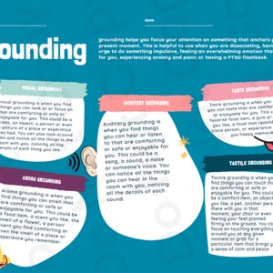 May include: A colorful chart with the word "grounding" in a large, bold font. The chart is divided into five sections, each with a different grounding technique: visual, auditory, taste, tactile, and aroma. Each section includes a description of the technique and an illustration.