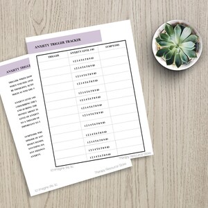 May include: A printable anxiety trigger tracker worksheet with a table to track triggers, anxiety level, and symptoms. The worksheet has a purple header with the text "Anxiety Trigger Tracker".
