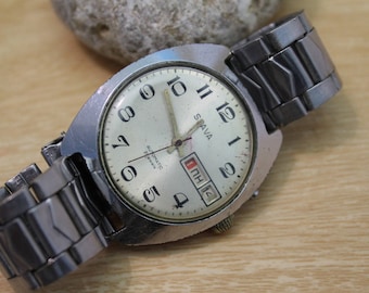 men's watch SLAVA / USSR mechanical wrist watches / 27 jewels Manual winding with Date and Day Calendar and stainless steel band
