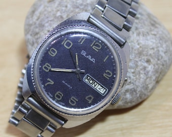 vintage wrist watches SLAVA, mechanical wrist watches, working, 26 jewels, Manual winding with Date and Day Calendar and stainless band