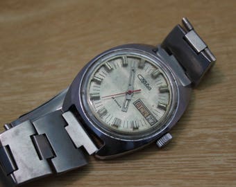men's wrist watch SLAVA, mechanical wrist watches in working order with Date and Day Calendar and stainless steel band