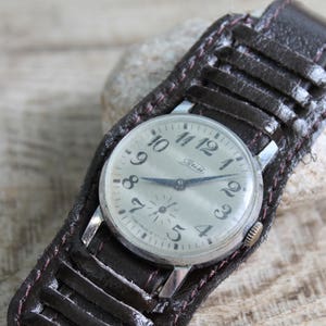 rare wrist watches ZIM, Vintage wristwatches, USSR mechanical wrist watches, working, Manual winding, men&#39;s watch with brown leather band