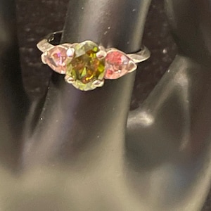 Vintage  ring, Multi Stone Ring, Womens&#39; Ring, &quot;Peridot and Pink topaz Ring&quot; Set in 925 Sterling. Size 8. Statement Ring