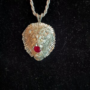May include: Silver-toned lion pendant necklace with a red gemstone in its mouth. The lion's head is intricately detailed, and the pendant hangs from a matching silver rope chain. The necklace is displayed against a dark background.