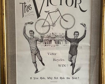 1800s Victor Bicycles Lithograph: Antique Advertising Art Print