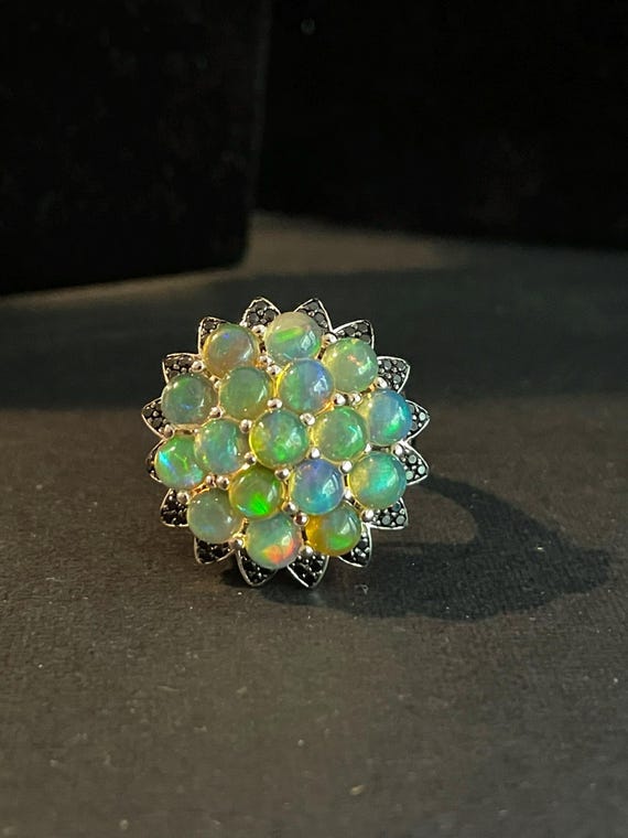Floral Opal Sterling Silver Statement Ring - Blac… - image 1