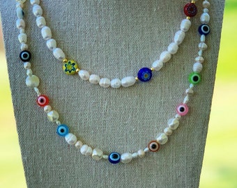 Tour de cou mauvais œil, collier de perles d&#39;eau douce, bijoux bohèmes, collier Harry Styles, bijoux en perles, cadeau porte-bonheur, collier de perles colorées