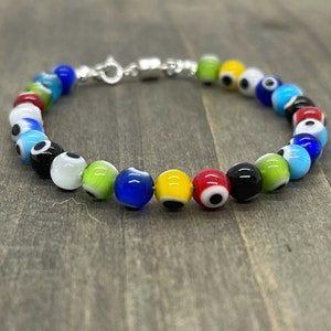Evil Eye Bracelet, Round glass bead bracelet, Rainbow Evil Eye Jewelry, Colorful Lampwork bracelet, Multicolor Evil Eye, Protection Bracelet