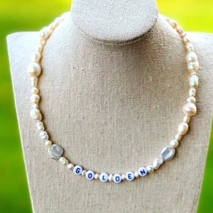 Harry Styles Necklace, Letter Bead Necklace, Eliou, Golden Necklace, Pearl Name Necklace,  Golden Necklace, Beaded Necklace, Pearl Choker