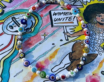 Harry Styles Necklace, Eliou, Millefiori Pearl, Freshwater Pearl Necklace, Millefiori Necklace, Eliou Necklace, Glass Bead Necklace