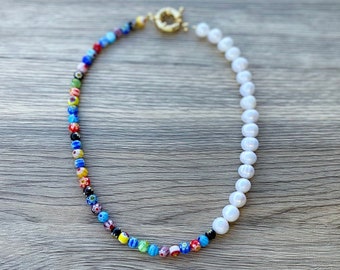 Millefiori Pearl Necklace, Half and Half Necklace, Half Pearl Necklace, Freshwater Pearl Necklace, Glass Bead Necklace, Millefiori Necklace