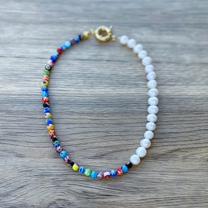 Millefiori Pearl Necklace, Half and Half Necklace, Half Pearl Necklace, Freshwater Pearl Necklace, Glass Bead Necklace, Millefiori Necklace