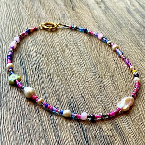 Colorful Pearl Choker, Seed Bead Necklace, Rainbow Freshwater Pearl Necklace, Delicate Beaded Necklace, Millefiori Necklace, Harry Styles