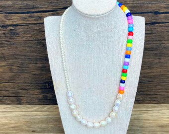 ☆【VINTAGE HOLLYWOOD】☆Rainbow Beads n Pearl Necklac.e☆ Colorful Y2k Beaded Necklace, Pearl Layered Necklace