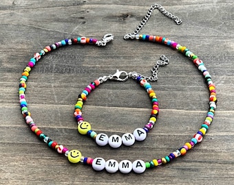 Beaded Jewelry Set, Sterling Silver, Birthday gift, Toddler present, Beaded name necklace, Little girl jewelry, Rainbow seed bead choker