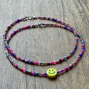 Smiley Necklace, Smiley Face Choker, Seed Bead Choker, Super Cute Necklace, Cute Smiley Choker, Rainbow Choker, Funky Necklace, Y2K Choker