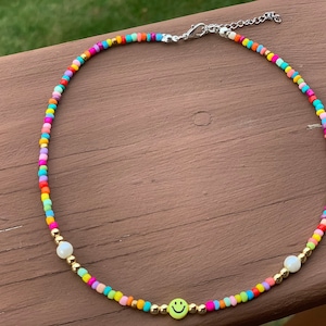Smiley necklace, Happy Face Choker, Teen Gift, Y2k Jewelry, Rainbow Seed bead necklace, Rainbow Seed Bead Necklace, Y2K Necklace, Kids Gifts