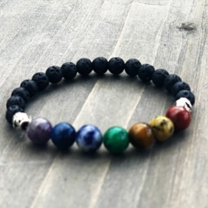 Pulsera de 7 chakras, pulsera curativa, pulsera de piedra de lava, pulsera de cuentas para hombres, pulsera difusora, joyería bohemia con cuentas, regalo de buena suerte