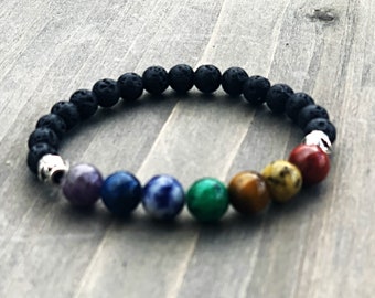 Bracelet 7 chakras, bracelet de guérison, bracelet pierre de lave, bracelet de perles pour homme, bracelet diffuseur, bijoux bohèmes en perles, cadeau porte-bonheur