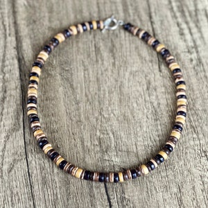 Black and Brown Necklace, Wooden Necklace for Men, Mens Jewelry, Surfer Necklace, Beach Jewelry, Puka Shell, Tribal Jewelry, Heishi Choker
