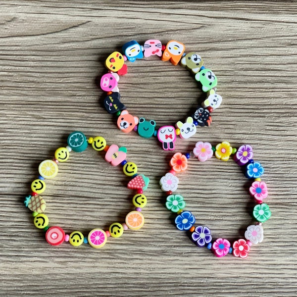 Emoji Bead Bracelets, Rainbow Smiley Bracelet, Best Kids Gift, Kids Jewelry, Funky Bracelets, Polymer Clay,  Y2K Jewelry, Gift for Kids