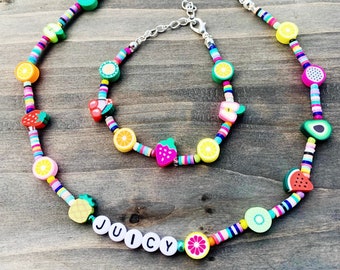 Beaded Name Necklace, Y2K Choker, Funky Jewelry, Clay Necklace, Fruit Charm Necklace, Colorful Heishi Choker, Custom Beaded Necklace