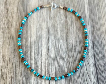 Wooden Necklace, Surfer Necklace, Surfer Choker, Men&#39;s everyday necklace, Tribal Style, Turquoise and Brown, Turquoise Beaded, Coconut Shell
