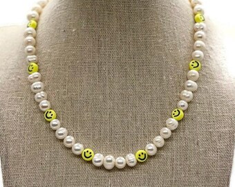 Smiley Face Necklace, Pearl Beaded Choker, Hypoallergenic