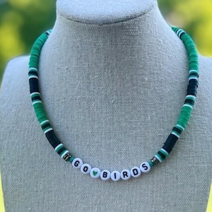 Heishi Name Necklace, Eagles Necklace, Football Necklace, Heishi Necklace, Green Heishi Necklace, Heishi Choker, Go Birds, Eagles Choker