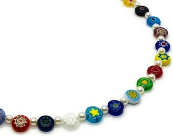 Harry Styles Necklace, Millefiori Necklace, Multi Colored Millefiori, Colorful Pearl Necklace, Golden Necklace, Eliou, Glass bead jewelry