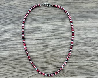 Surfer Necklace, Heishi Necklace, Colorful beaded necklace, Waterproof choker, Surfer Choker, Red White Black, Beaded Necklace