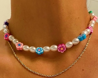 Flower Power Necklace/ Teen Indie Choker /Beaded Name Necklace/ Everyday Pearl Necklace/ Indie Aesthetic Choker / Y2K choker/ Custom Gift