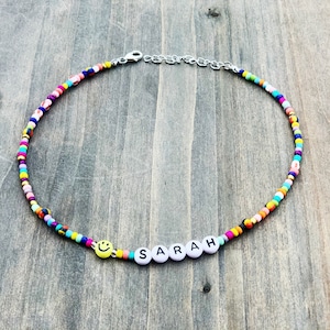 Rainbow beaded name necklace, Personalized necklace gift, Custom seed bead necklace, Dainty custom name necklace, Smiley name necklace