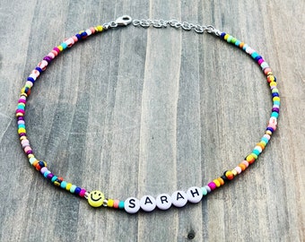 Rainbow beaded name necklace, Personalized necklace gift, Custom seed bead necklace, Dainty custom name necklace, Smiley name necklace
