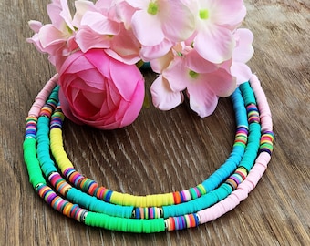 Heishi Surfer Necklace, colorful Heishi necklace, beach necklace, Surfer Choker, Summer jewelry, Beach Necklace