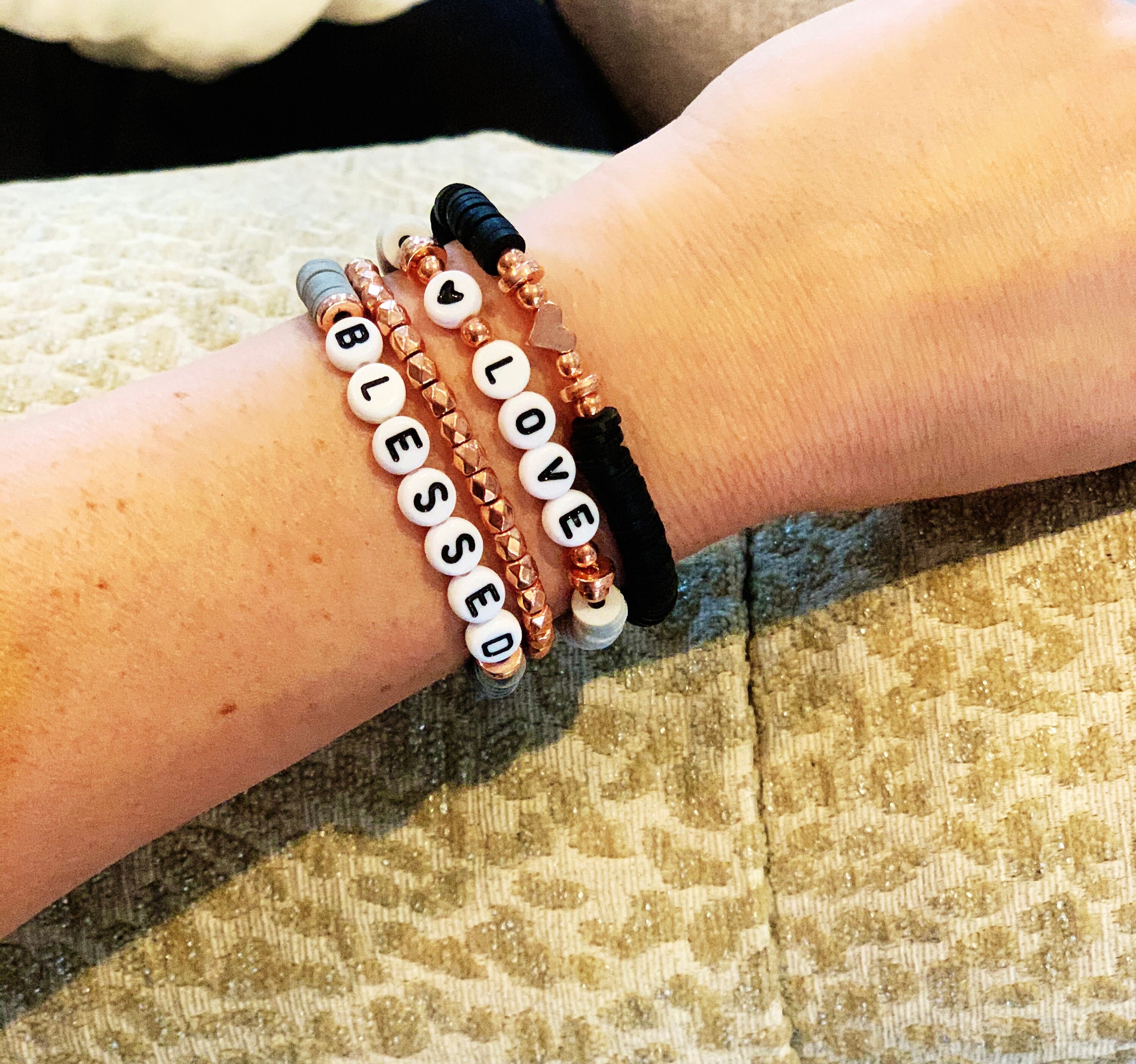 Custom Bracelets, Heishi Jewelry, Rose Gold, Personalized Beaded Bracelets, Custom Bracelet Stack, Beaded Name, Arm Candy, Arm Party