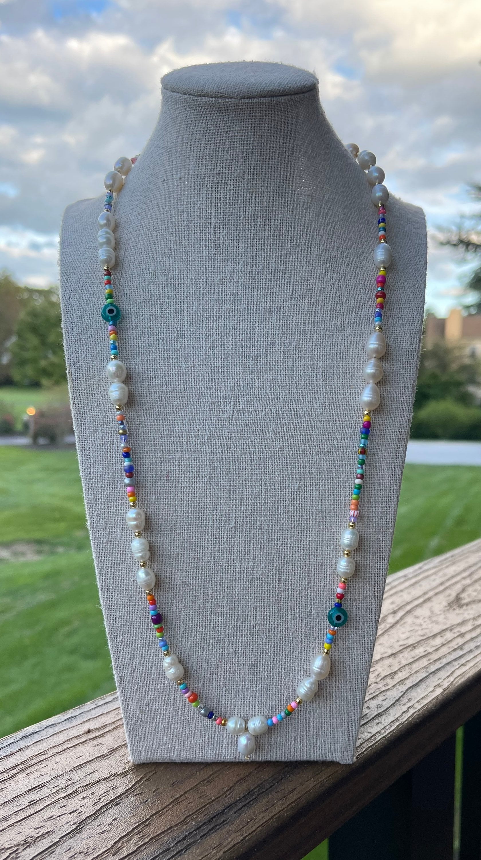 ☆【VINTAGE HOLLYWOOD】☆Rainbow Beads n Pearl Necklac.e☆ Good Vibes Rainbow Pearl Necklace ,7 raw chakra stones