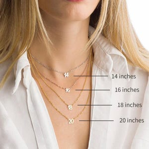 May include: Four gold necklaces with numbers 14, 16, 18, and 20 on them. The necklaces are layered on a model wearing a white shirt. The numbers indicate the length of each necklace in inches.