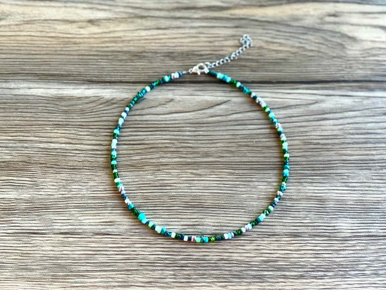 Bohemian beaded choker, Dainty beaded choker, Dainty beaded necklace, whimsical beaded necklace, Beaded necklace gift, Green dainty choker image 1