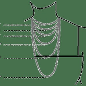 May include: A diagram showing different necklace lengths from 14 inches to 30 inches. The necklace lengths are marked with dashed lines and the numbers 14, 16, 18, 20, 24, and 30.