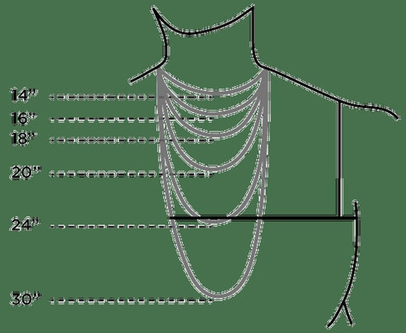 May include: A diagram showing different necklace lengths from 14 inches to 30 inches. The necklace lengths are marked with dashed lines and the numbers 14, 16, 18, 20, 24, and 30.