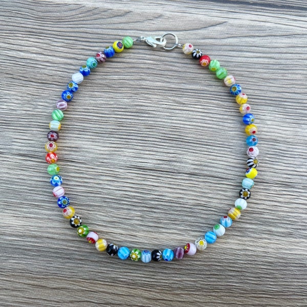 Millefiori Necklace, Flower Beaded Necklace, Round Millefiori Necklace, Glass Bead Necklace, Harry Styles Necklace, Murano Necklace